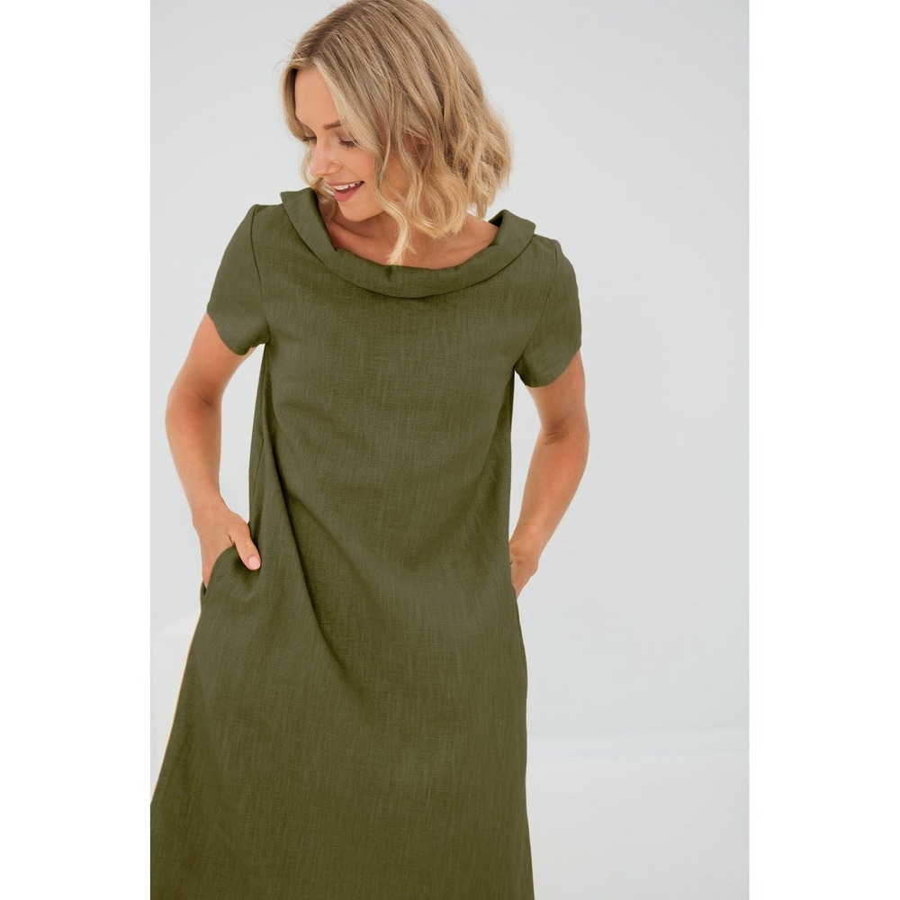Le Muse Linen Dress OliveGreen Relaxed A-Line Folded Collar Back Bow Mini Size L